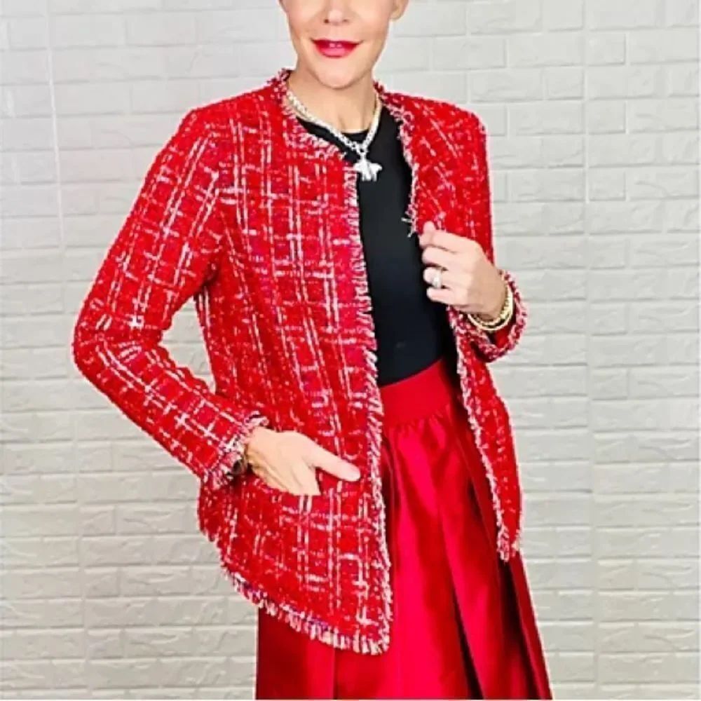 Joan Rivers Fringe Detail Plaid Boucle Jacket